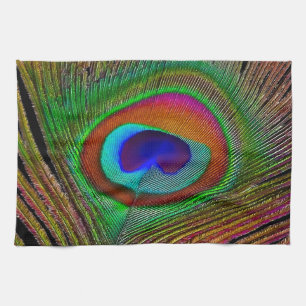 Vibrant Copper Peacock Feather Kitchen Towel