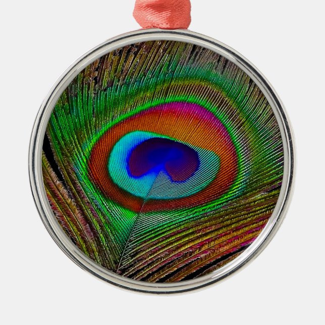Vibrant Copper Peacock Feather Metal Ornament (Front)