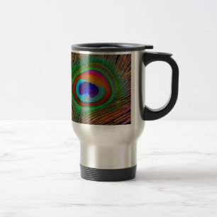 Vibrant Copper Peacock Feather Travel Mug