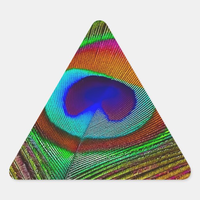 Vibrant Copper Peacock Feather Triangle Sticker (Front)