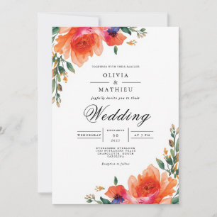 Vibrant Coral Floral Arch Wedding Invitation