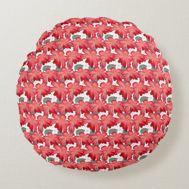Vibrant Coral Floral Pattern | Bold Red Flowers  Round Pillow (Front)