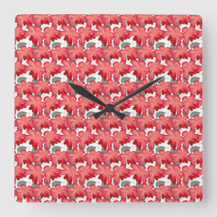 Vibrant Coral Floral Pattern   Bold Red Flowers  Square Wall Clock