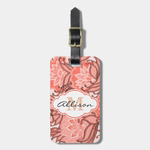 Vibrant Coral Floral Pattern Monogrammed Luggage Tag