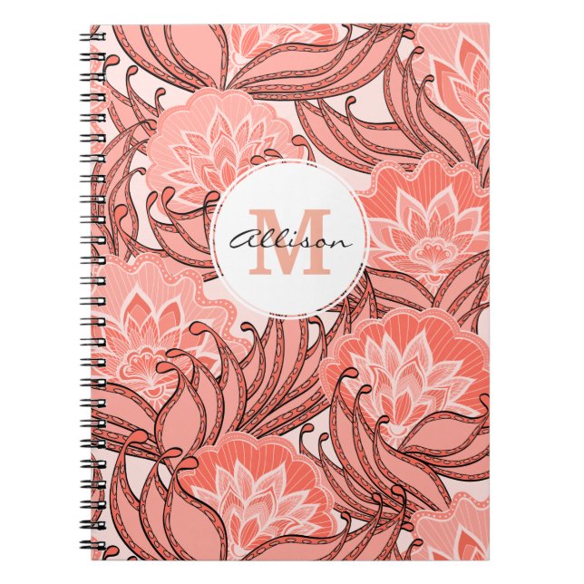 Vibrant Coral Floral Pattern Monogrammed Notebook (Front)