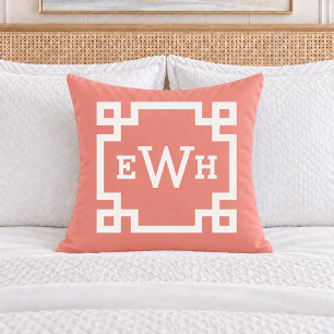 Vibrant Coral Greek Key Monogram Initial Throw Pillow