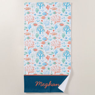 Vibrant Coral Personalized Beach Towel
