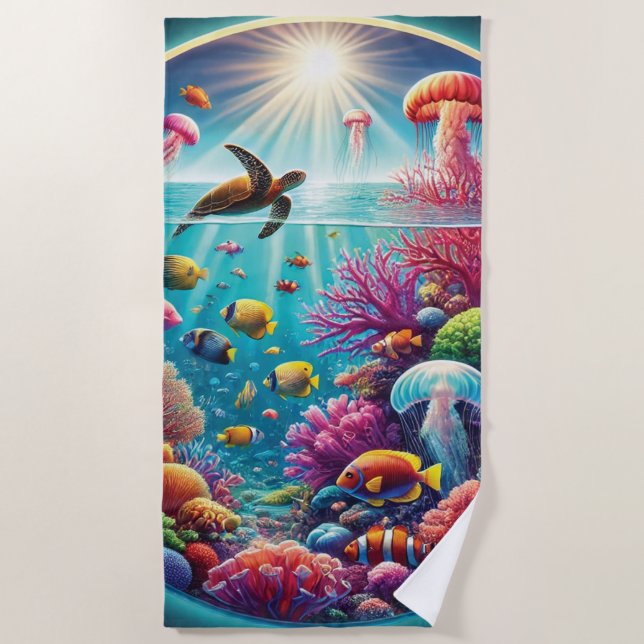 Vibrant Coral Reef Scene Beach Towel (Front)