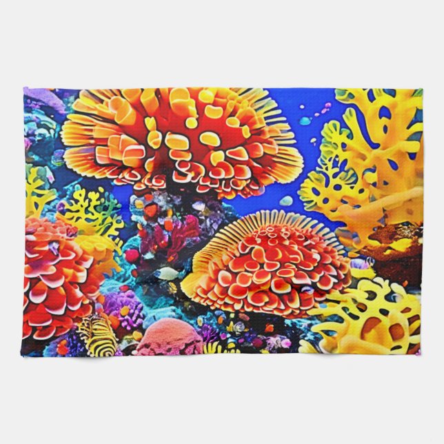 Vibrant Coral Reef Sea Wonder Art Kitchen Towel (Horizontal)