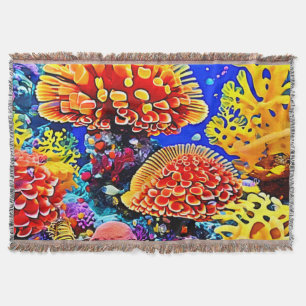 Vibrant Coral Reef Sea Wonder Art Throw Blanket