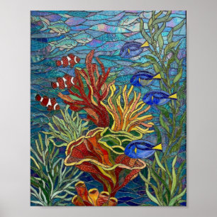 Vibrant Coral Reef & Tropical Fish Mosaic Stained  Poster