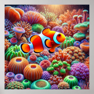 Vibrant Coral Reef with a Clownfish Poster