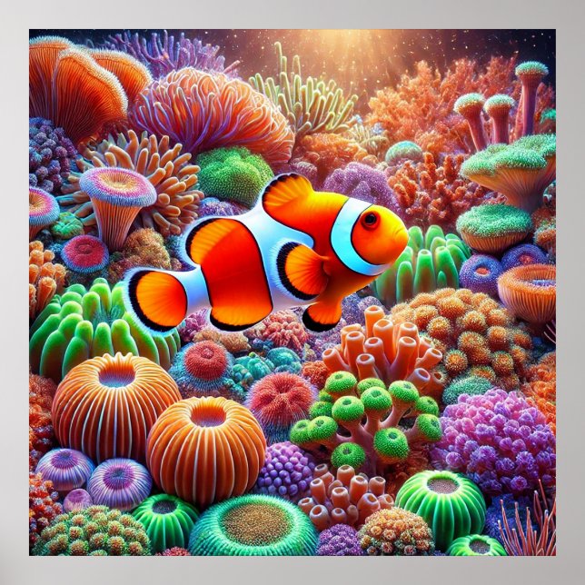 Vibrant Coral Reef with a Clownfish Poster (Front)