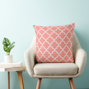 Vibrant Coral White Quatrefoil Trellis Throw Pillow