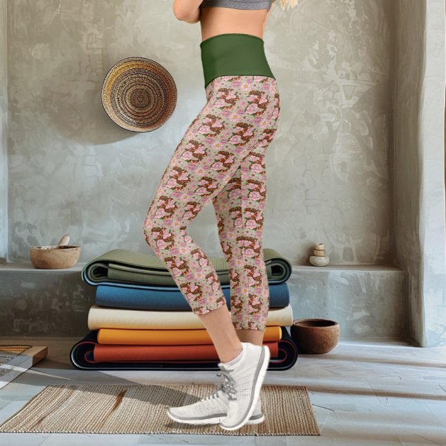 Vibrant Corn Snake Pink Peony Flowers Green Capri Leggings (Creator Uploaded)