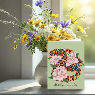 Vibrant Corn Snake Pink Peony Flowers Green Card