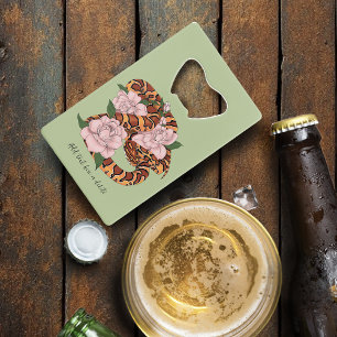 Vibrant Corn Snake Pink Peony Flowers Green Credit Card Bottle Opener