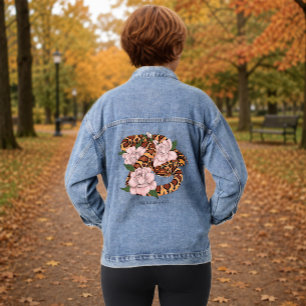 Vibrant Corn Snake Pink Peony Flowers Green Denim Jacket