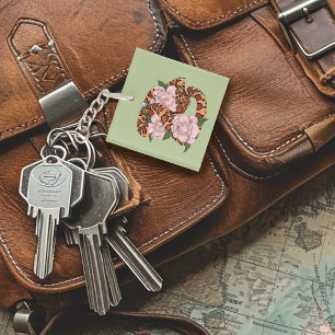 Vibrant Corn Snake Pink Peony Flowers Green Keychain