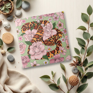 Vibrant Corn Snake Pink Peony Flowers Green Tile
