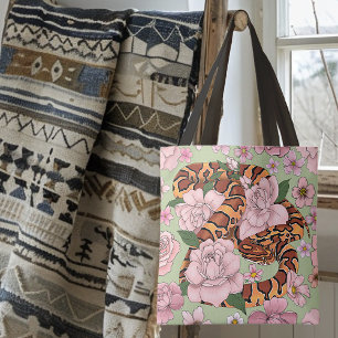 Vibrant Corn Snake Pink Peony Flowers Green Tote Bag