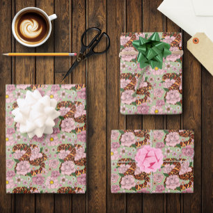 Vibrant Corn Snake Pink Peony Flowers Green Wrapping Paper Sheet