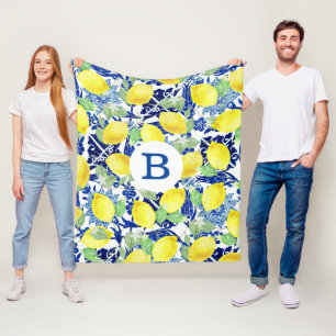 Vibrant Country Lemons & Blue Floral Monogram Fleece Blanket