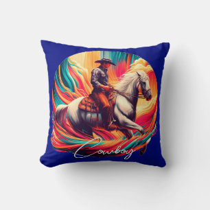 Vibrant Cowboy and Horse Blue Throw Pillow