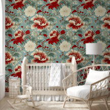 Vibrant Cream, Red, Teal Blue Floral Vintage