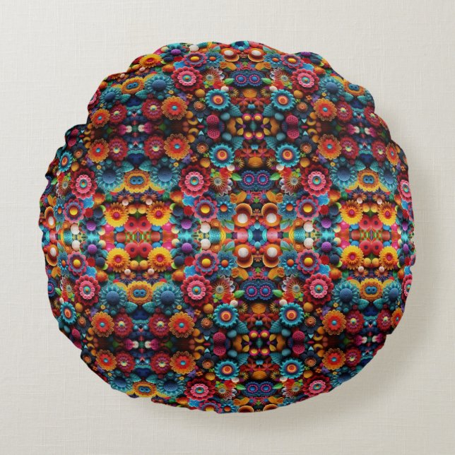 Vibrant Crochet Design Round Pillow (Front)
