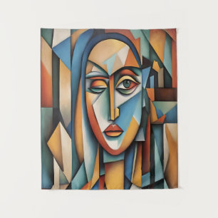 Vibrant Cubist Portrait Abstract Geometric Art Tapestry