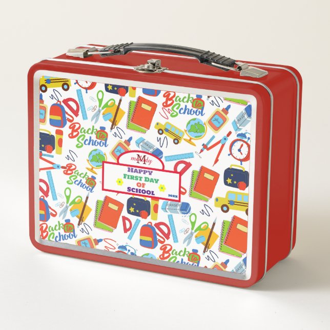 Vibrant Customizable Back to School Pattern Metal Lunch Box (Front)