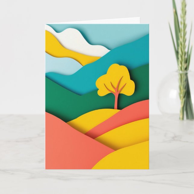 Vibrant Cut-Paper Mountain Tree Card (Front)