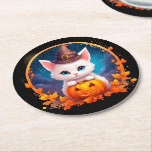 Vibrant cute kitten halloween round paper coaster