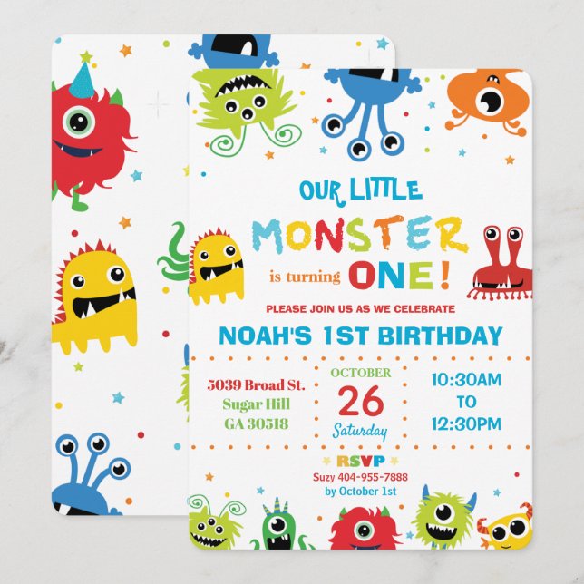 Vibrant Cute Little Monsters Boy 1st Birthday Invitation (Front/Back)