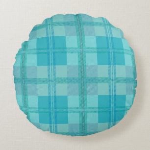 Vibrant Cyan Electric Blue Plaid Aesthetic Round Pillow