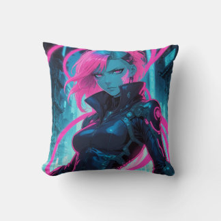 Vibrant Cyber Anime Girl Throw Pillow