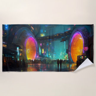 Vibrant Cyberpunk Cityscape with Arches Beach Towel