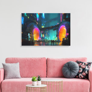 Vibrant Cyberpunk Cityscape with Arches Canvas Print