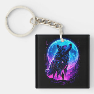 Vibrant Cyberpunk Neon Wolf Keychain