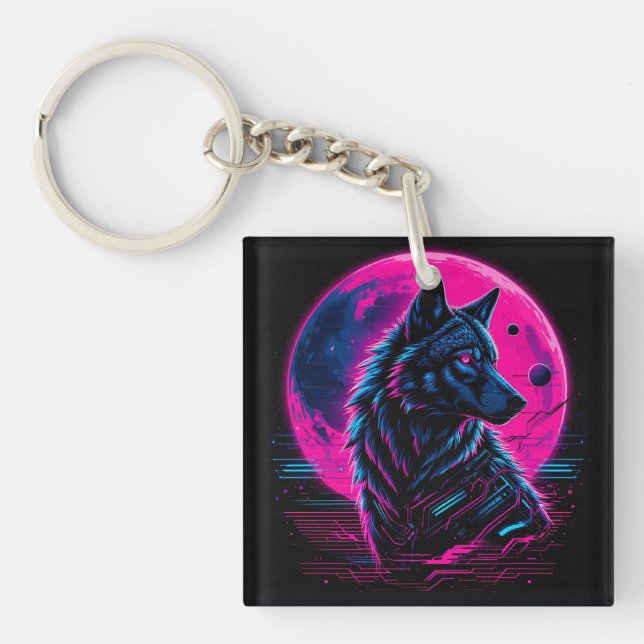 Vibrant Cyberpunk Neon Wolf Keychain (Front)