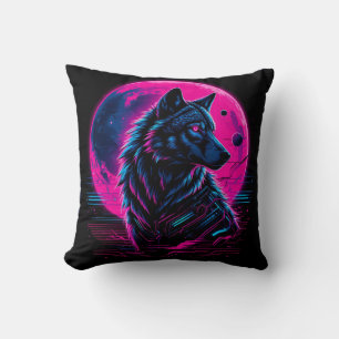 Vibrant Cyberpunk Neon Wolf Throw Pillow