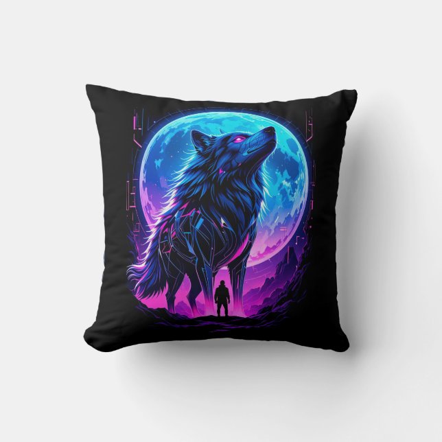 Vibrant Cyberpunk Neon Wolf Throw Pillow (Front)