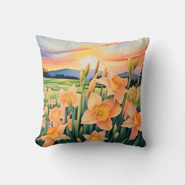 Vibrant Daffodil Meadow Throw Pillow (Front)