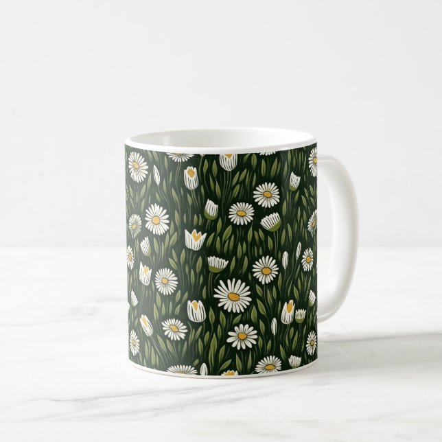 Vibrant Daisy Pattern with Lush Green Accents Coffee Mug (Front Right)