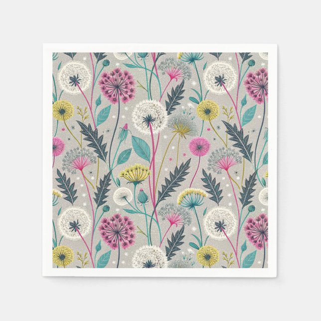 Vibrant Dandelion and Foliage Seamless Pattern Napkin (Front)