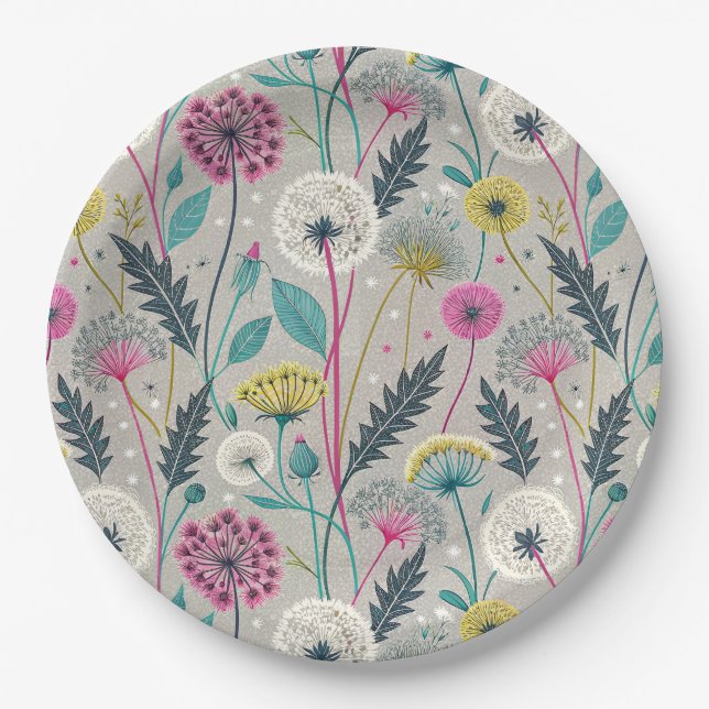 Vibrant Dandelion and Foliage Seamless Pattern Paper Plate (Front)