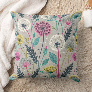 Vibrant Dandelion and Foliage Seamless Pattern Throw Pillow