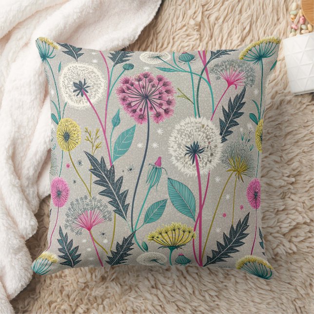 Vibrant Dandelion and Foliage Seamless Pattern Throw Pillow (Blanket)