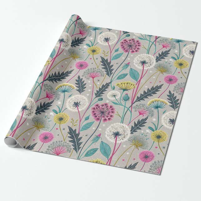 Vibrant Dandelion and Foliage Seamless Pattern Wrapping Paper (Unrolled)